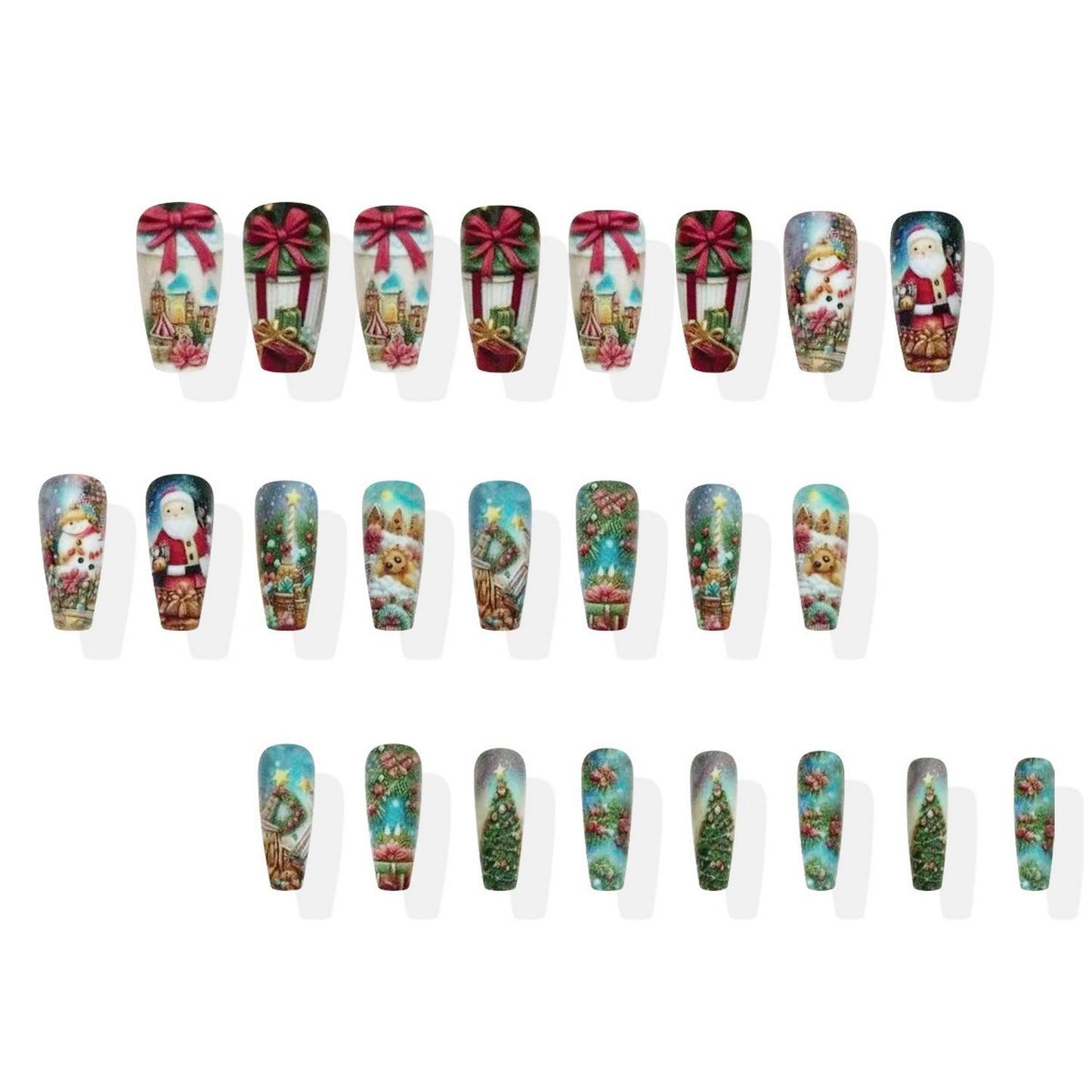 Xmas Press on Nail Long Coffin Fake Nails Retro Press ones with designs Christmas Tree Santa Claus Reindeer Pattern Acrylic Stick on Nail Full Cover Christmas False Nails Gel Glue on Nails for Women