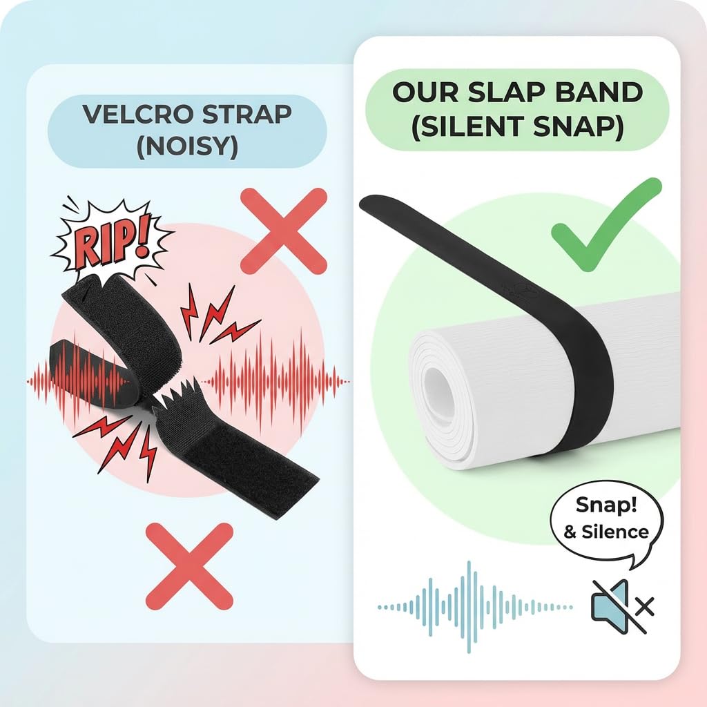 Yoga Mat Strap Slap Band- Extended Silicone Self-Rolling Mat Tie with Suction Cup Grip - Silent Snap Holder & Carrier for Thick Mats, Foam Rollers(25"L x 2""W) (Black)"