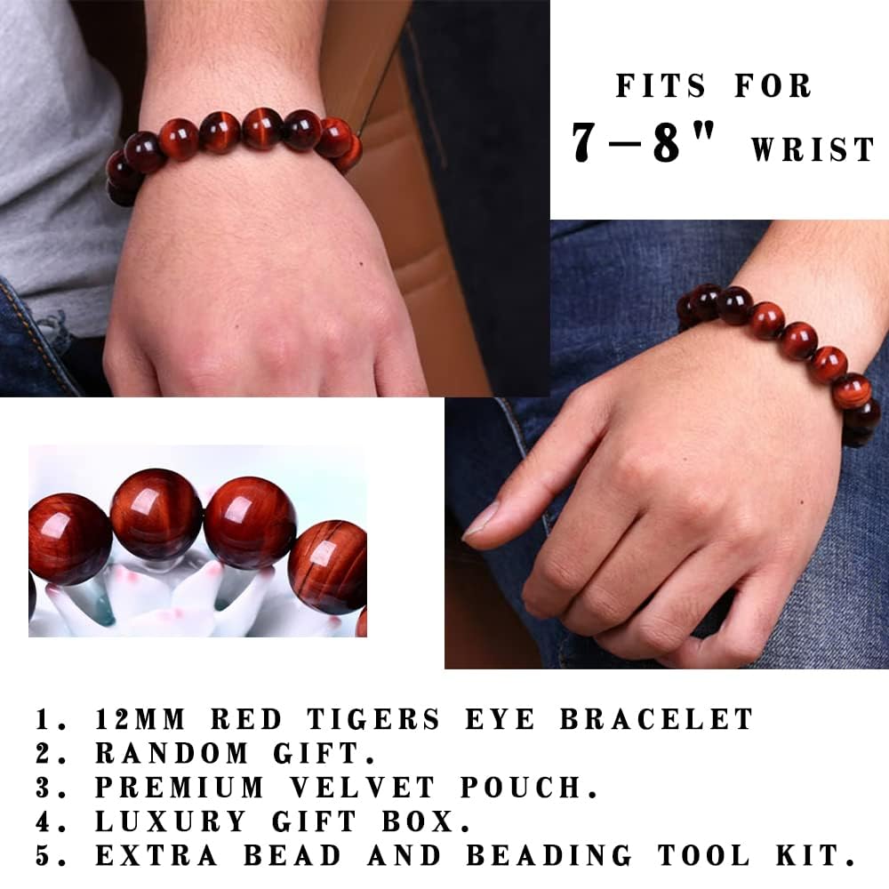 12MM Red Tigers Eye Bracelet for Unisex | Natural Root Chakra Gemstones | Fits for 9" XLarge & Strong Wrist | Bring Luck & Fortune | Anxiety Stress Relief Spritual choice for Friends Familys