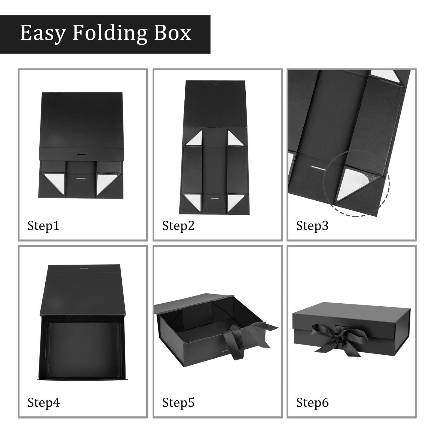 DaiJoob Gift Box with Lid for Presents 10.5x7.5x3.1 Inches with Ribbon and Magnetic Closure(5-Pack) (Black)