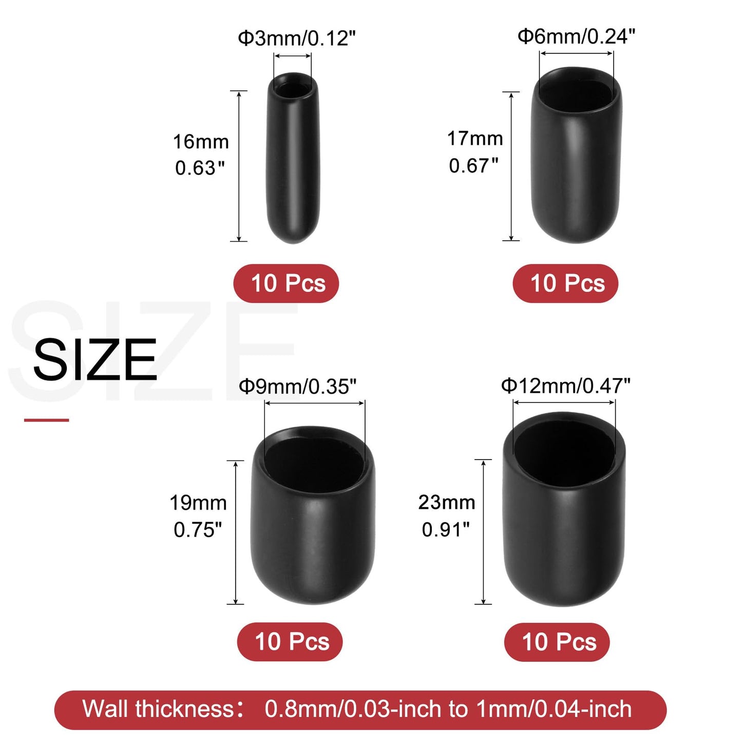 uxcell 40pcs Round Rubber End Caps 1/8" 1/4"" 3/8"" 1/2"" Black Vinyl Cover Screw Thread Protectors Assortment Kit(3mm 6mm 9mm 12mm)"