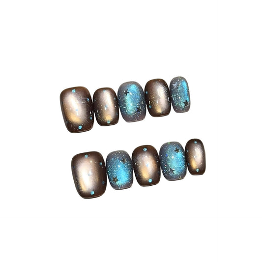 Brown & Blue Galaxy Cat Eye Press On Nails - Starry Sky Design with Rhinestones, Short Oval Shape, Reusable False Nails (S)