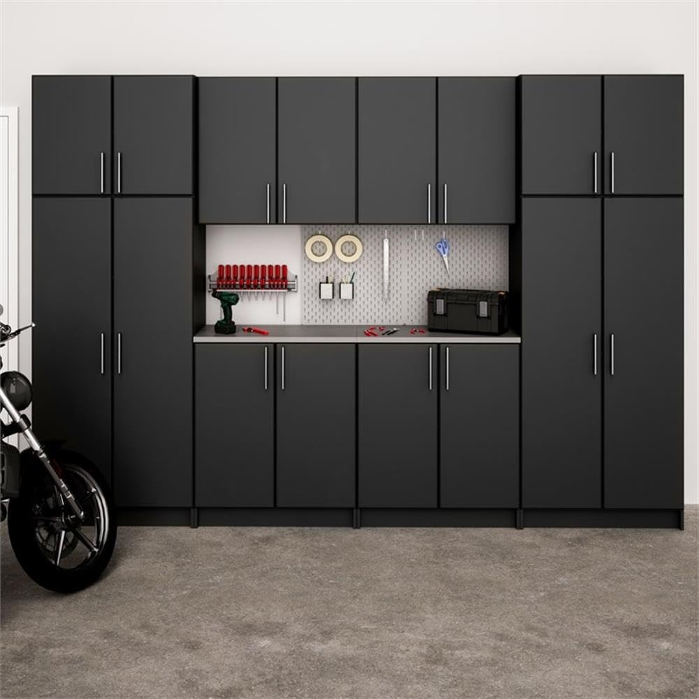 Prepac Elite Functional 8-Piece Garage Cabinets and Storage System Set G, Simplistic Garage Shop Cabinets 16" D x 128" W x 89" H, Black, BRSX-1016-8M