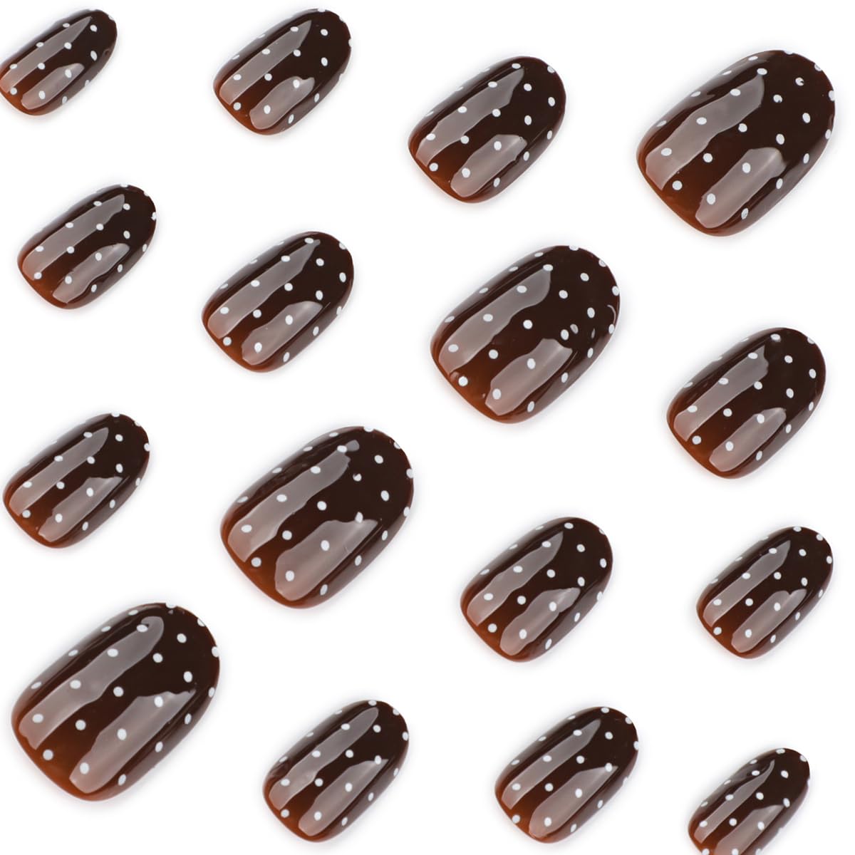 Brown Press on Nails Short Oval Fake Nails Polka Dot Fall Nails Press ons with Design Full Cover Glue on Nails for Women Manicure, Reusable | Artificial | Nail Sticky Tabs | Easy Apply | 24Pcs