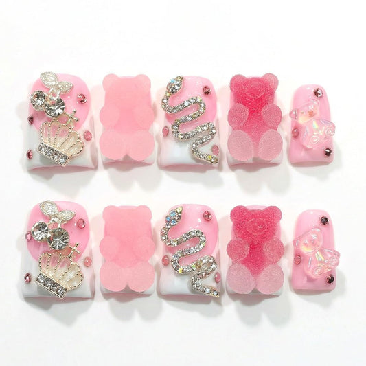 Vseegrs Pink Handmade Press on NailsDuck Medium Artificial False Nails with Designs 3D Cute Bear Acrylic Nail Press ons Rhinestones Press on Nail Kit for Women 10pcs (M)