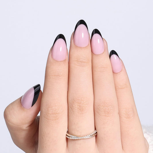 Leefrei Black French Tip Press On Nails Short Almond - Natural Fake Nails, Reusable Glue On Nails for Women, 16 Sizes 32 Pieces Nail Kit with Glue, Black French Tip - Almond
