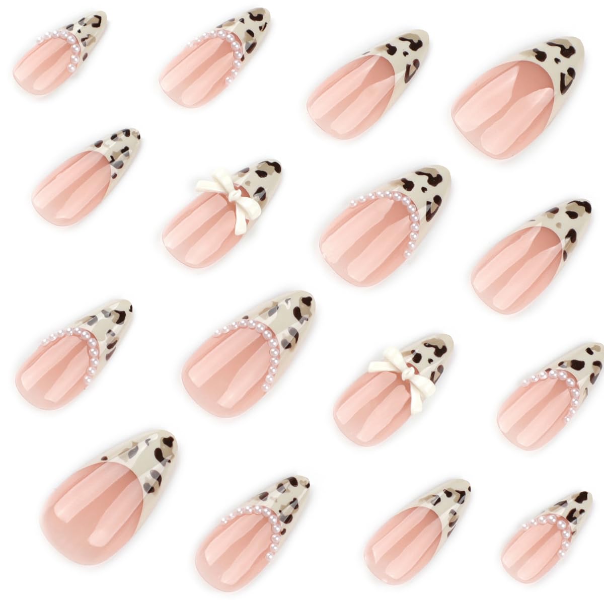 Medium Press on Nails Almond Fake Nails French Nails Press ons with White Pearls,Bow Design,Full Cover Stick on Nails for Women Manicure,Reusable | Artificial | Nail Sticky Tabs | Easy Apply | 24 Pcs