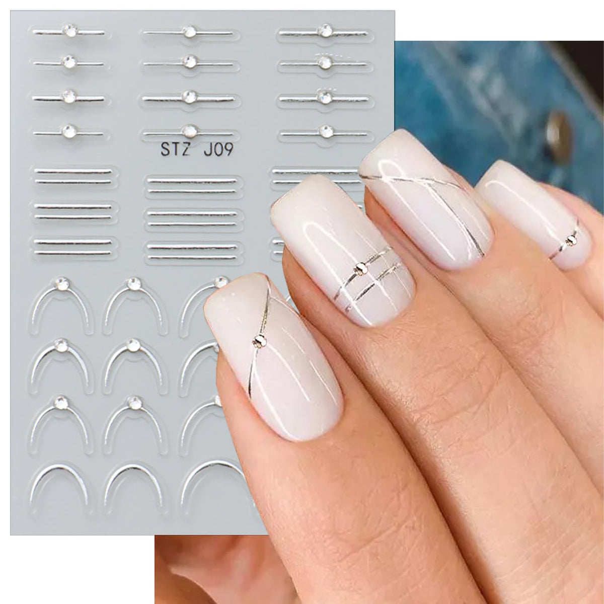 2 Sheets French Tip Nail Stickers for Nail Art Gold Silver French Nail Art Stickers with Crystal Diamond 5D Self-Adhesive Nail Supplies Embossed Line Nail Decals for Women DIY Manicure Decoration
