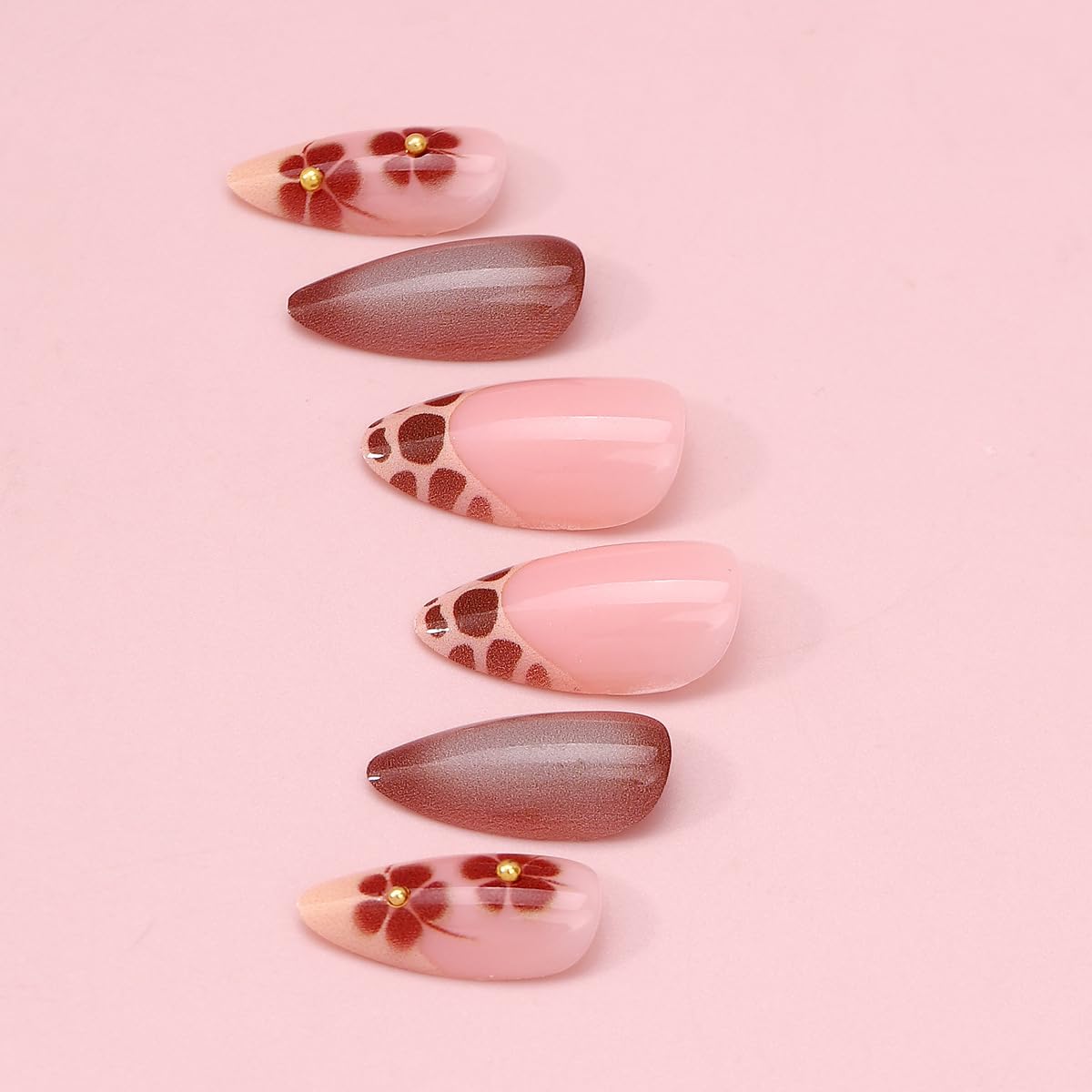 Leopard Print Press on Nails Medium Almond Fake Nails French Tips with Leopard Print Floral 3D Golden Pearl Design False Nails Brown Glossy Acrylic Stick on for Women Girls Manicure Decoration 24Pcs