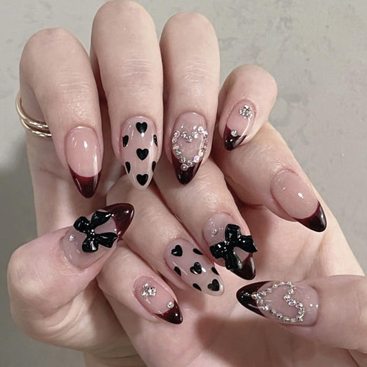 Wine Red French Press on Nails Medium Length Rhinestone Fake Nails Heart Bow Bling Glossy Artificial Nails Acrylic Glue on Nails Natural Stick on Nails for Women 24Pcs Medium French Nails