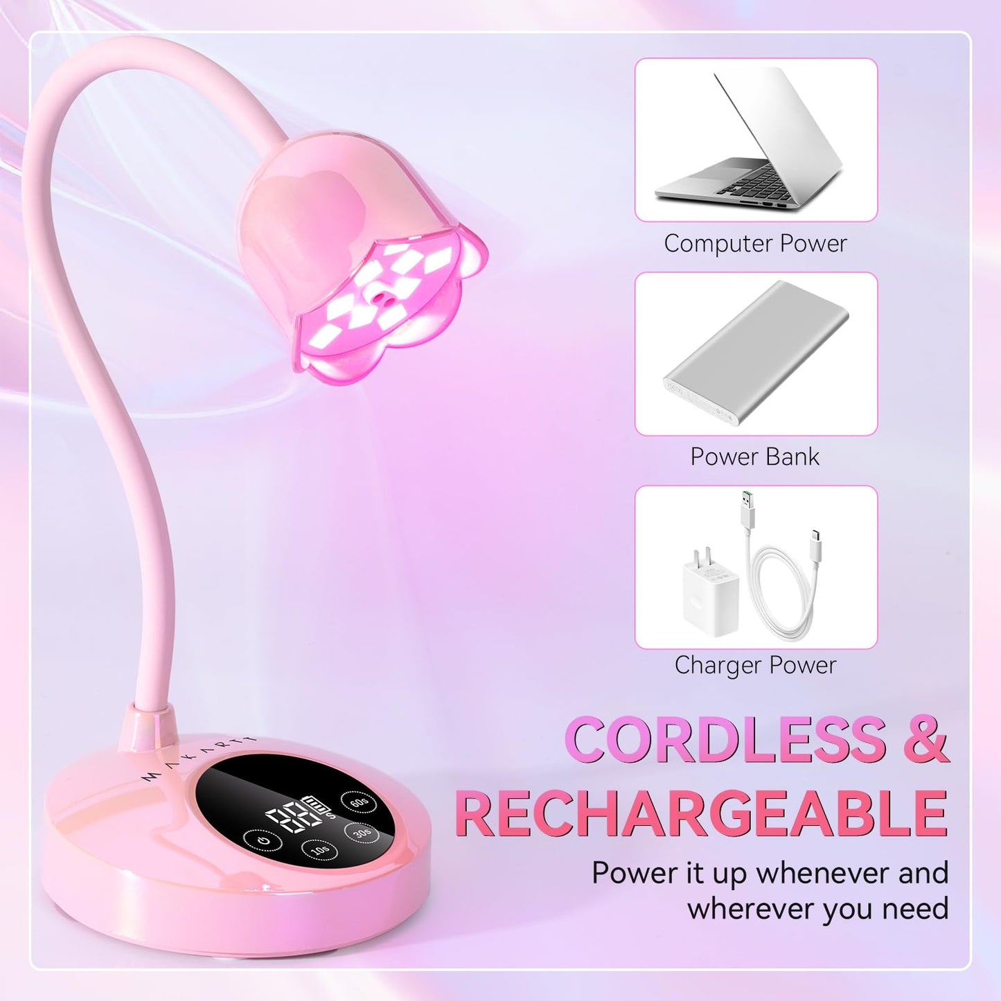 Makartt Cordless Mini UV LED Nail Lamp, 10s Flash Cure Nail Lamp for Gel Polish, 30mW/cm² Rechargeable Gooseneck UV Light Nail Dryer with Auto Sensor & 4 Timers, Portable for Daily Manicure & Travel