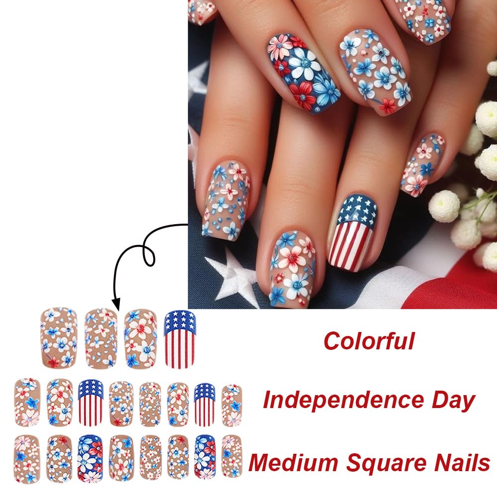 Flower Press on Nails Medium Square Cute Colorful 3D Flowers Fake Nails with America Flag Design False Nails Colorful Floral Full Cover Scrub Spring Summer Acrylic Nails for Women DIY Manicure 24 Pcs