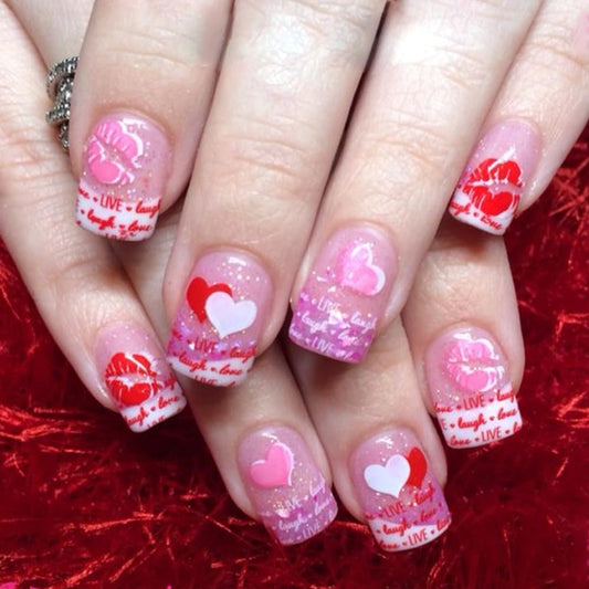24Pcs Valentine's Day Press On Nails Short CEWEWP Square Fake Nails with Letter Heart Red Lips False Nail Full Cover Artificial Glue on Nail Valentines French Tip Stick on Nails for Women DIY