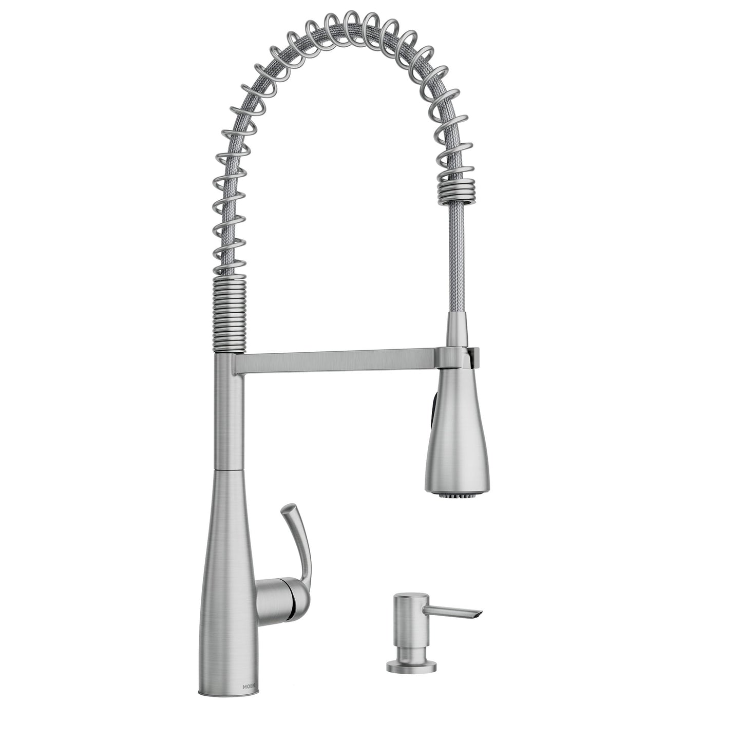 Moen Essie Spot Resist Stainless One-Handle High Arc Pre-Rinse Spring Pulldown Kitchen Faucet with Power Clean and Soap Dispenser, 87814SRS