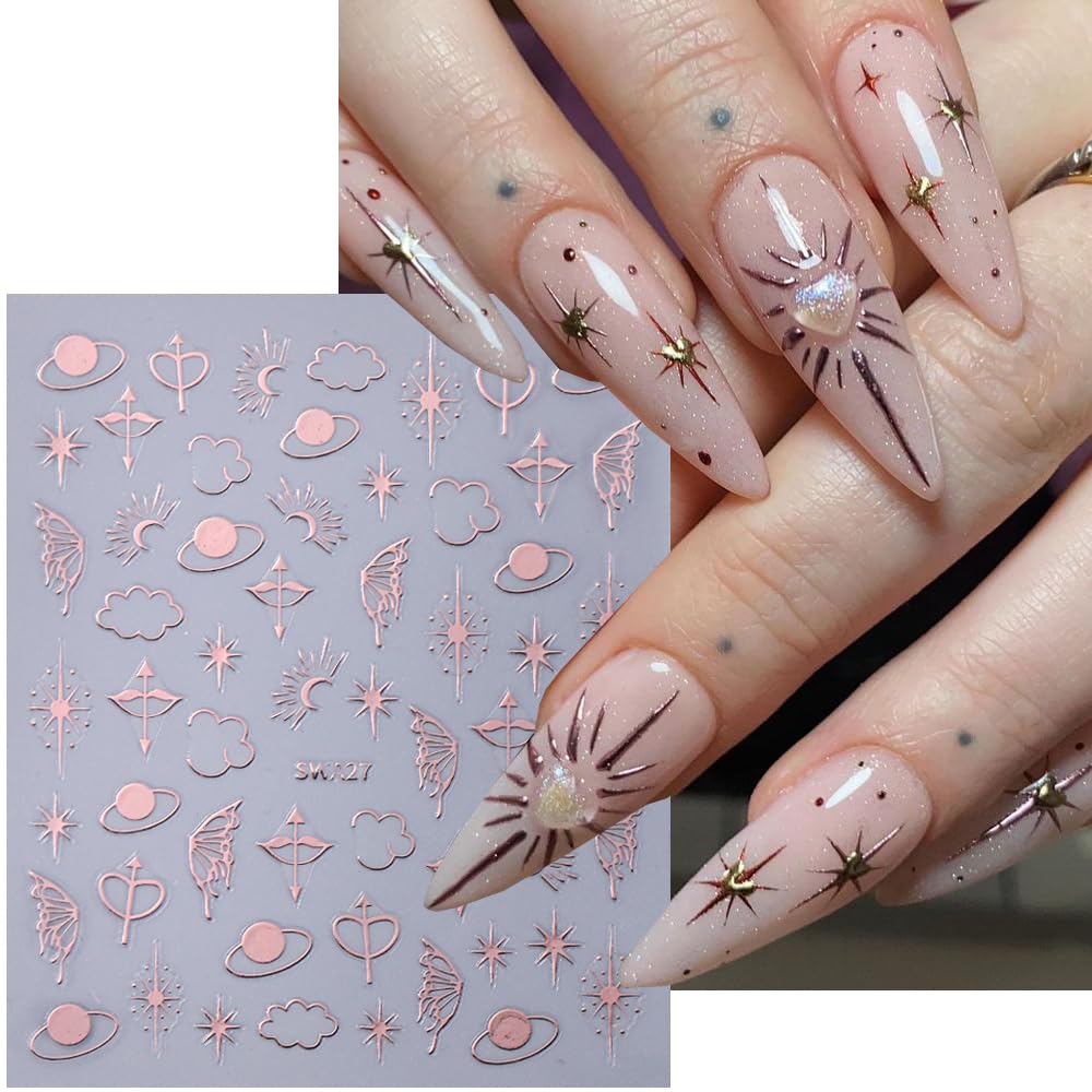 6 Sheets Star Nail Stickers for Nail Art, 3D Self-Adhesive Nail Decals, Moon Butterfly Nail Supplies Nail Art Design Accessories for Women Girls Manicure DIY Decoration