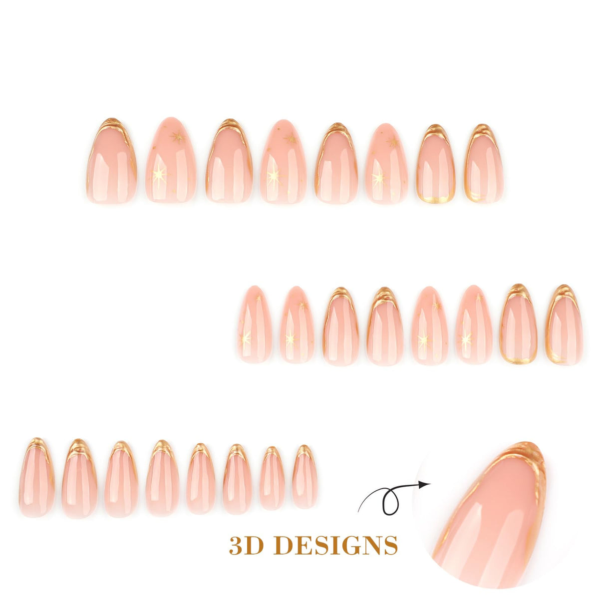 IMRAIN Press on Nails Medium Almond Fake Nails with Gold Line Star Design Gel Acrylic False Nails Full Cover Stick on Nails for Women 24Pcs