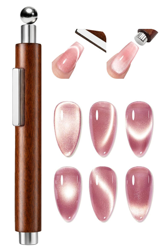 AzureBeauty 4-in-1 Cat Eye Magnet for Nails，Wooden 3-Head Nail Magnet Pens with Round Ball, Multi-Function Nail Magnets for Cat Eye Gel Polish DIY at Home Salon (Magnet Only, No Gel Included)