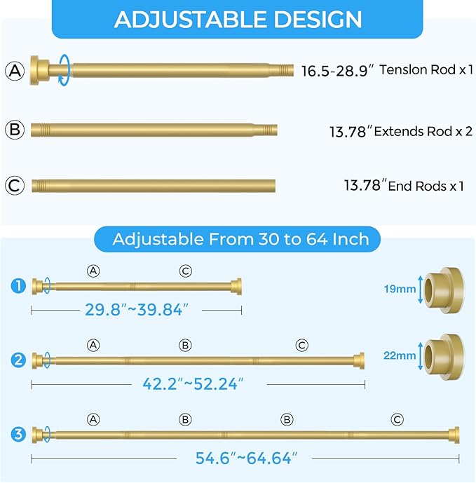AIZESI Shower Curtain Rod 30 to 64 Inch Adjustable, 7/8" Diameter Gold Spring Loaded Curtain Rods No Drilling Tension Curtain Rods for Window, Bathroom, Doorway, Closet, Kitchen