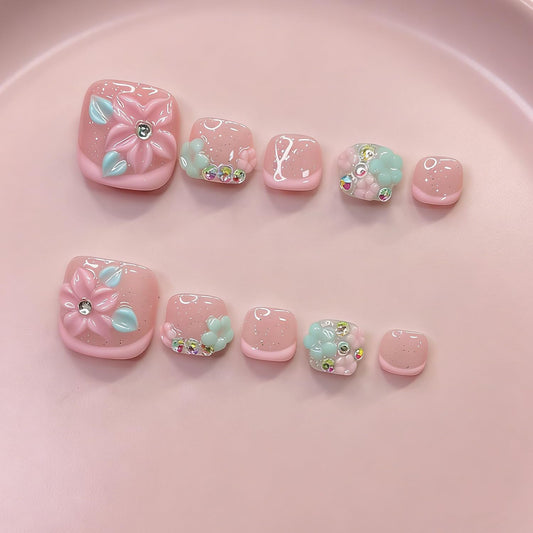 10 Pcs Handmade Luxury Press on Toenails with Handmade 3D Bling Rhinestones & Flower Designs Short Square Stick on Toe Nails Pink French Tip Fake Toe Nails for Women Manicure Decor (M)