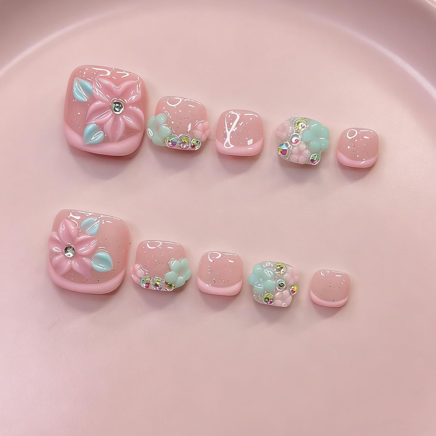 10 Pcs Handmade Luxury Press on Toenails with Handmade 3D Bling Rhinestones & Flower Designs Short Square Stick on Toe Nails Pink French Tip Fake Toe Nails for Women Manicure Decor (S)