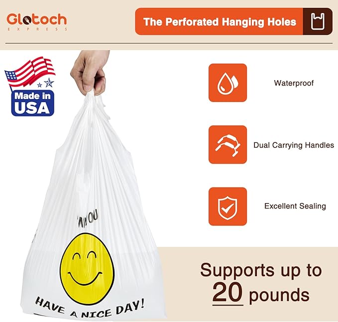Glotoch 5000 (5K) Ct Plastic Thank You T-shirt Bags Smile Face, 11.5 x 6.5x 21" Have Nice Day Grocery Shopping Gift Bag with Handle for Restaurant, Retail, Takeout, Convenience Store, in Bulk Business