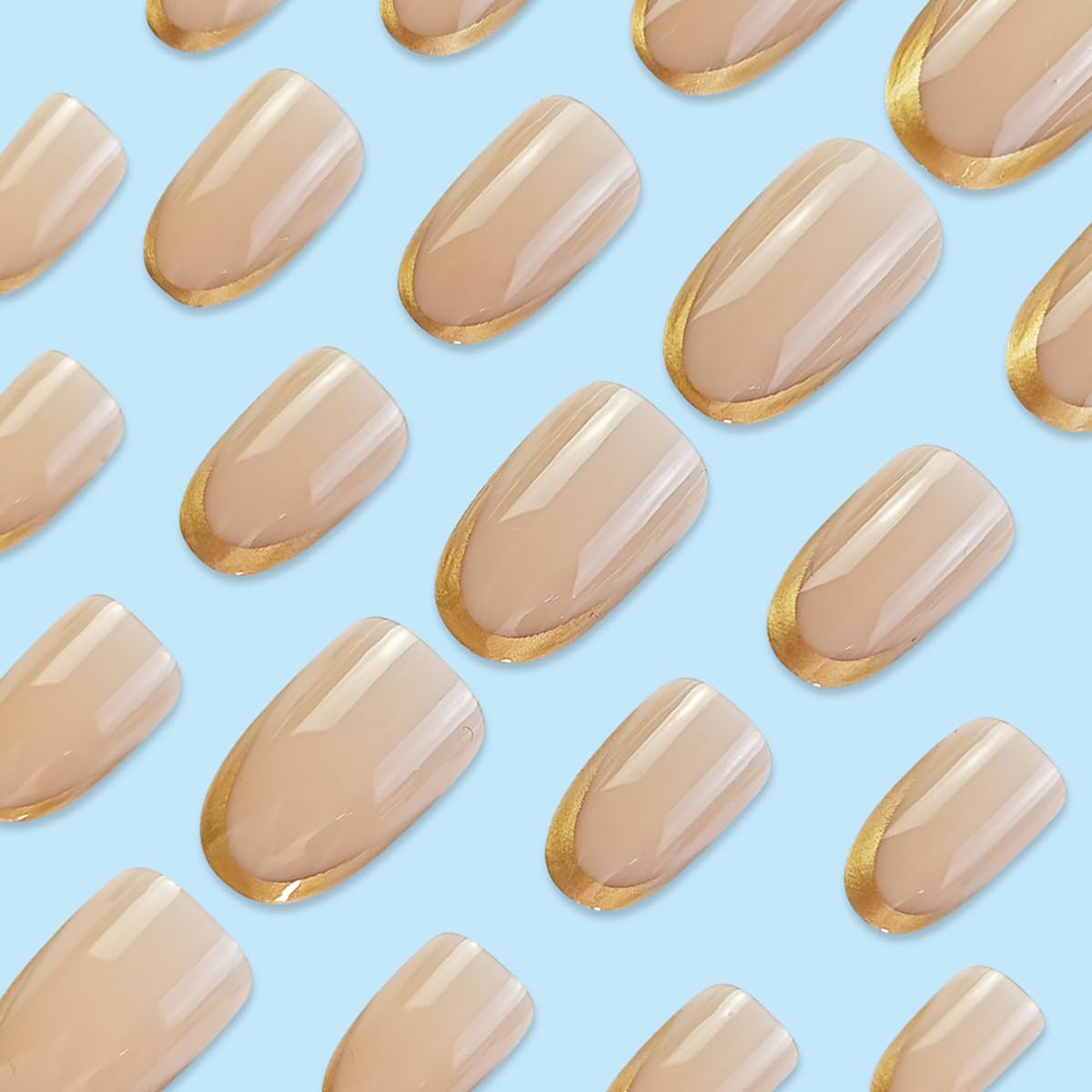 KTAABTR Gold French Tip Press on Nails Nude Fake Nails with Glue Short Almond Shaped Acrylic Nails Stick on Nails for Women Girls DIY Manicure 24Pcs Glossy False Nails Decoration Set