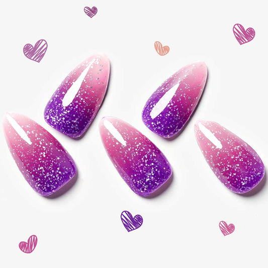 GLAMERMAID Thermo Purple Pink Press on Nails Medium Almond, Color Changing Ombre Handmade Gel False Nals, Stiletto Glue on Nails Kit for Women, Short Oval Stick on Acrylic Crush Fake Nail Manicure Set