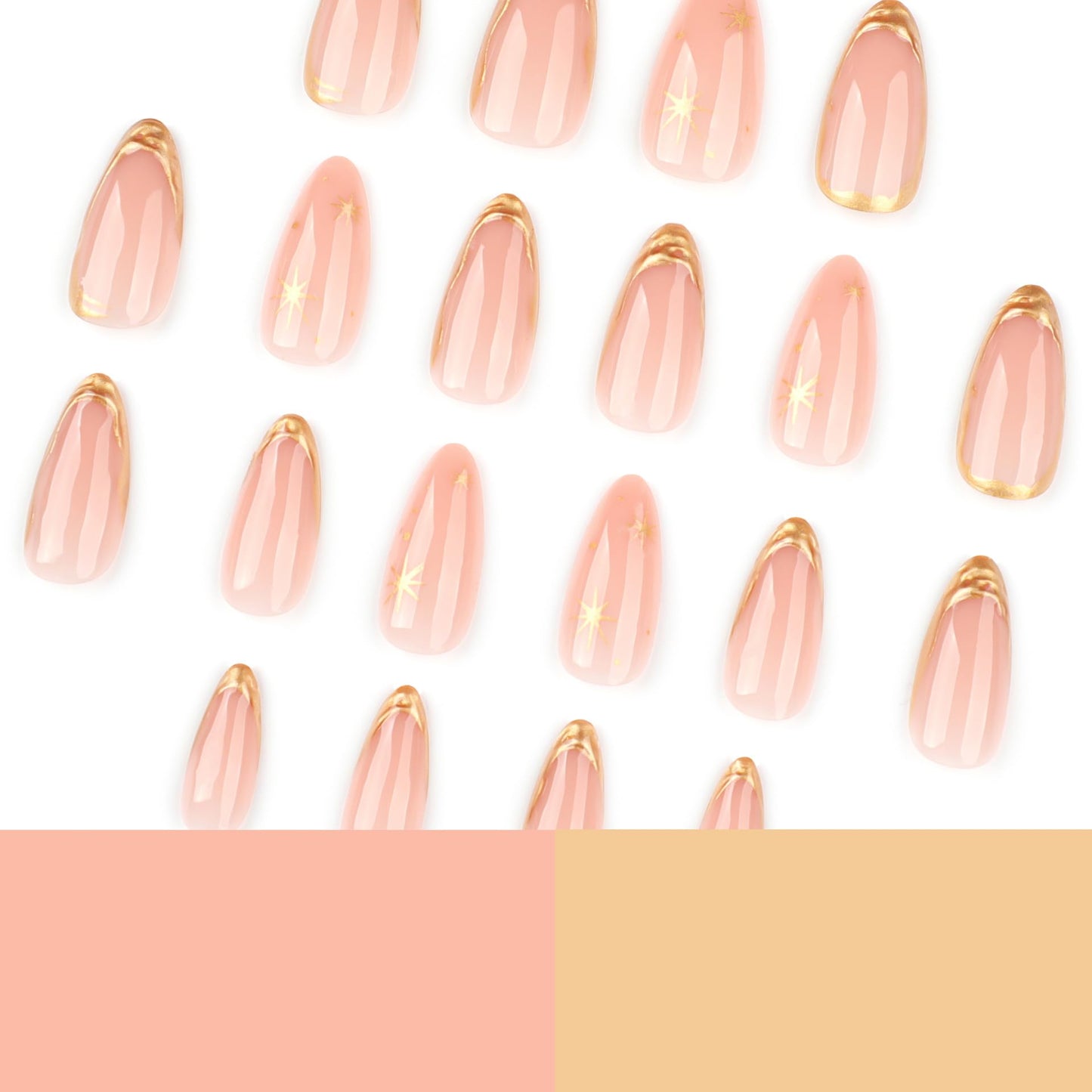Gold Press on Nails Almond Medium Length Nude Fake Nails with Star Designs Pink False Nails Full Cover Glossy Summer Fingernails Stick on Nails for Women French Manicure Kit