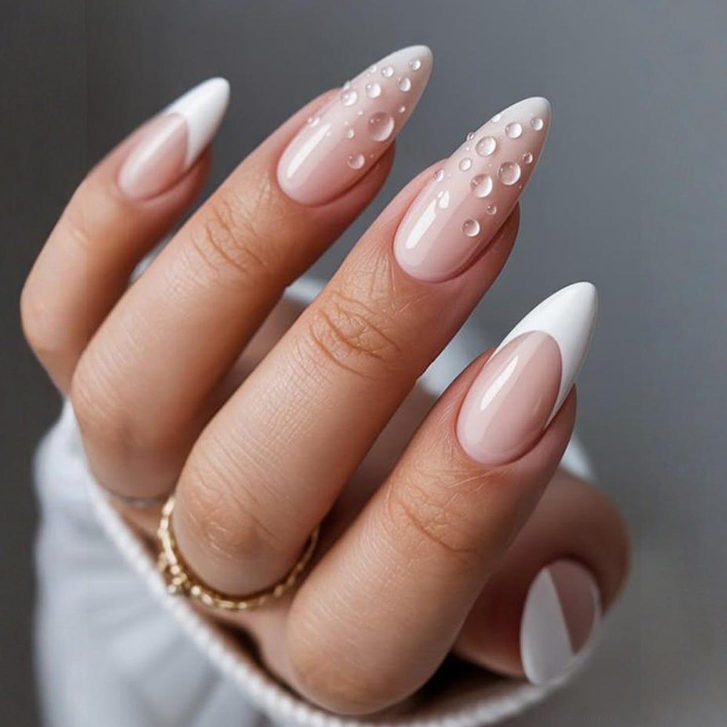 IMSOHOT Almond Press on Nails, Medium Fake Nails, Nude Pink French 3D Water Drop Design, 24 Pcs Reusable Glue on Nails for Women, Salon Quality