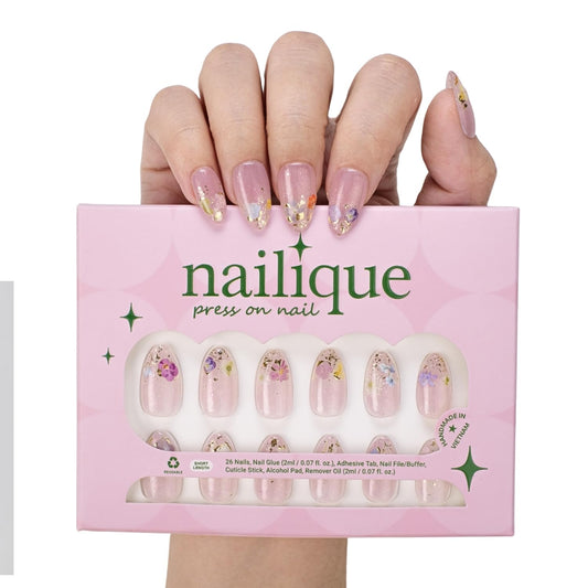 Nailique Press On Nails Short Almond – Handmade Lavender Floral Soft Gel with Gold Foil, 26pcs Reusable Nail Tips with Lamp-Curable Glue, Salon Quality Spring Wedding Manicure for Women