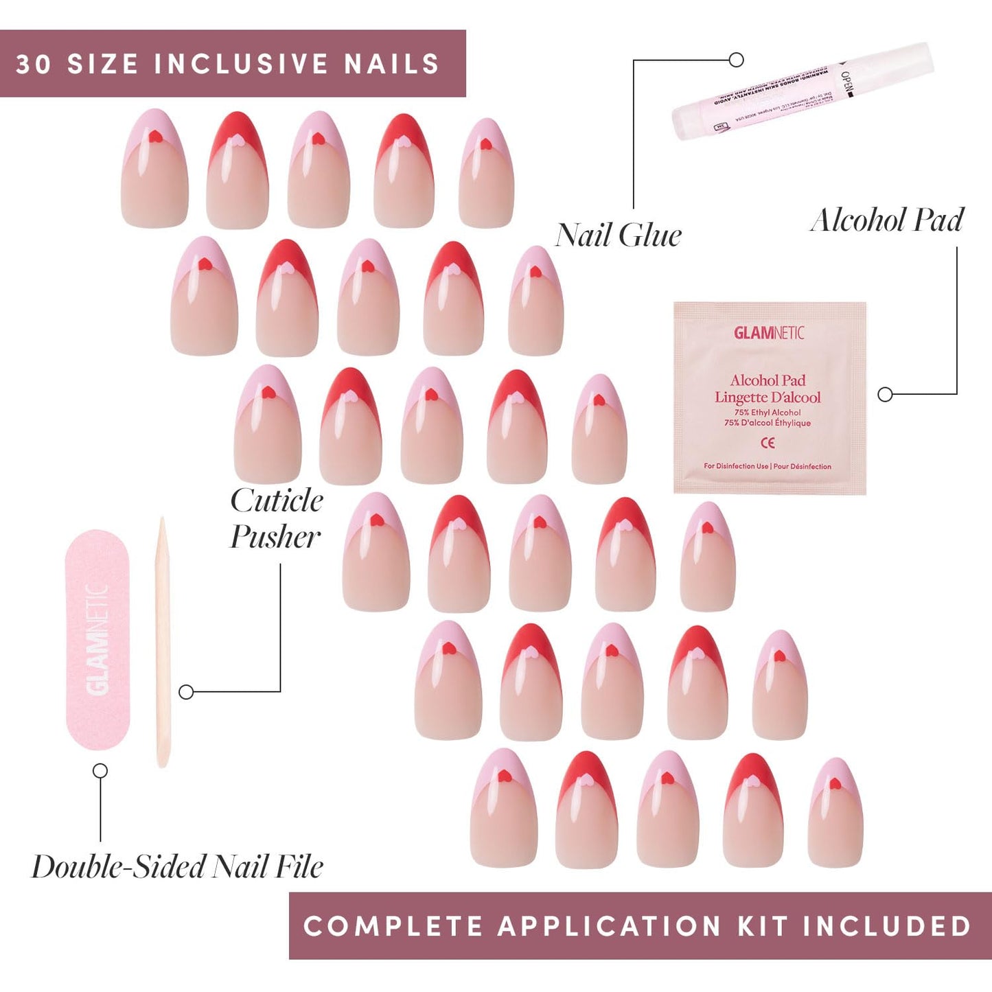 Glamnetic Press-On Nails Bundle - Pure Hearted & Caviar | Short Almond Fake Nails with Heart Accents | Short Almond Black French Tip False Nails | Reusable, Salon-Quality Nail Kits