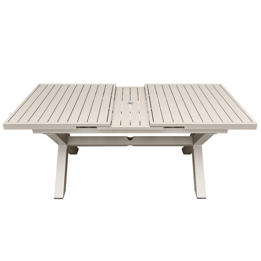 Vmopu 83'' × 32'' Extendable Outdoor Dining Table for 6-8, Aluminum Frame with Umbrella Hole for Patio, Garden, Backyard, Deck, Poolside (Milk Coffee)