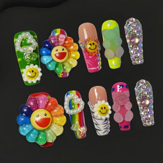 GREENTEA Handmade Rainbow Sunflower Press-On Nails Set, Decorative Rhinestone Design, Colorful Smiley Face Pattern, Size-M