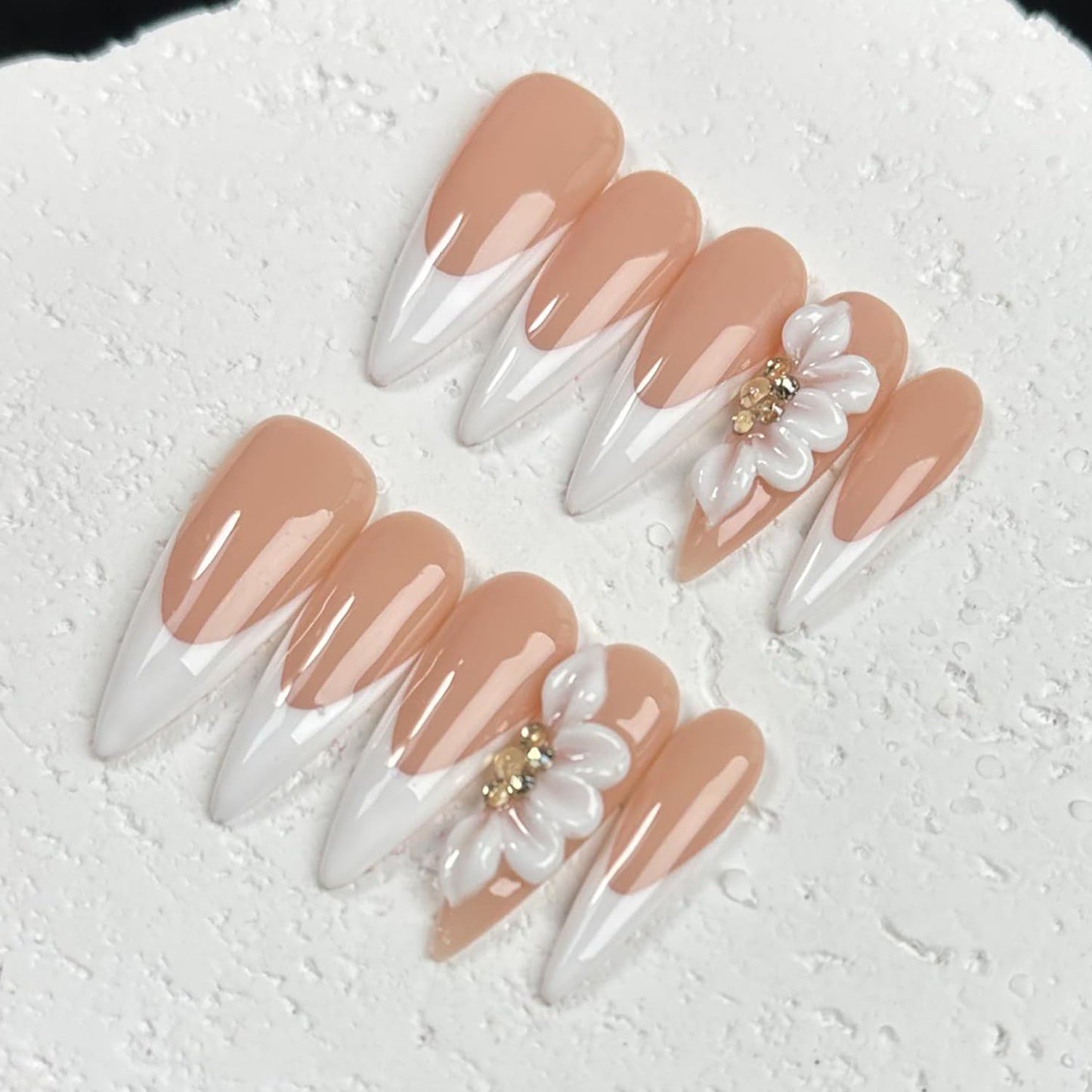 Luxury Press on Nails Long Stiletto Handmade 3D Unique Reusable ABS Material Fake Nails French Tip False Nails with Designs Rhinestones Floral Art Petal Glossy Glue on Nails Thick Acrylic Nails(M)