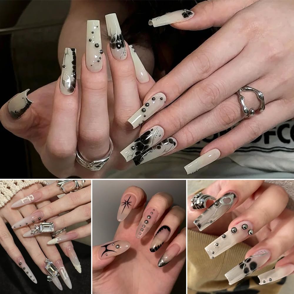 Mini Metal Nail Beads 3D Nail Art Charms, Mixed Sizes Silver Gun Grey Half Round Flatback Stainless Steel Caviar Beads Nail Studs Jewelry with Pickup Tweezers for DIY Nail Art and Crafting Decorations