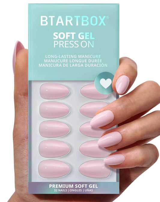 BTArtbox Press On Nails Short - Home CEO, Easy-to-Apply Light Pink Almond Press On Nails with Glue and Adhesive Tabs in 16 Sizes - 32 Nails All-in-One Kit