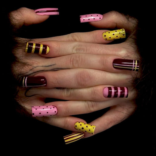 Long Square Press On Nails - Polka Dots & Striped Design, Burgundy, Yellow & Pink Colors, 24Pcs - Y2K Style, Reusable, Easy Apply
