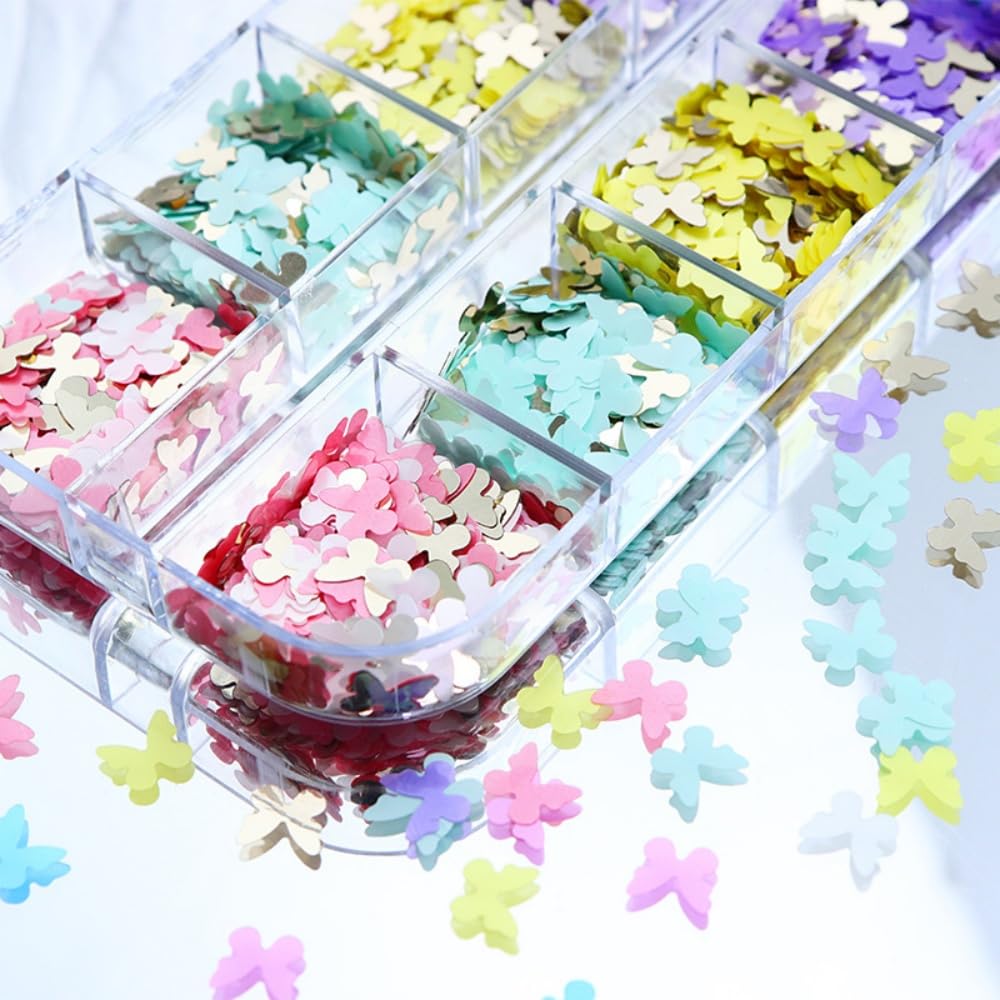 1 Box 6 Color Holographic Butterfly Nail Glitter Laser Pink Nail Sequins 3D Blue Yellow Nail Flakes Sparkly Powder Flakes Shiny Nail Glitter Colorful Nail Sequins Glitter for Nails Art 12 Grids