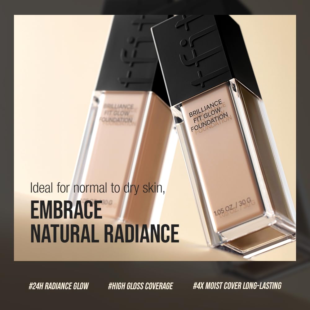 Brilliance Fit Glow Foundation - Full Coverage for Dry & Normal Skin, Radiant Finish, Long-lasting & Lightweight, Korean Makeup, 1.02 Fl Oz (W01 Vanilla, 1.02 Fl Oz)
