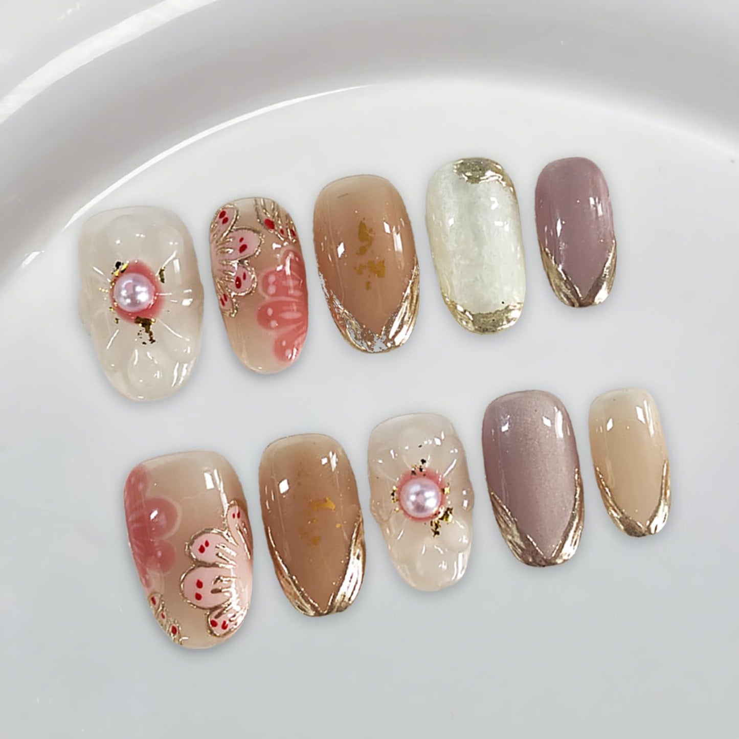 Press on Nails Almond Golden French Tips Nails Thick Acrylic and Muti-Layer Gel Fake Nails Handmade Acrylic Nails with Sweet Flower Pearl Design Full Cover Short Stick on Nails Nail Kits for Women (M)