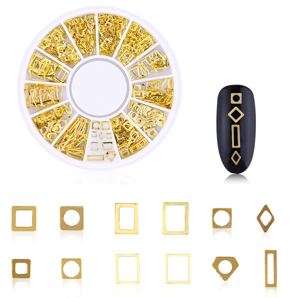 WOKOTO 6 Boxes Gold Hollow Nail Metal Studs Modern Cross Geometry Nail Art Charm 3D Nail Jewelry Decoration With 1Pc Tweezers And Picker Pencil