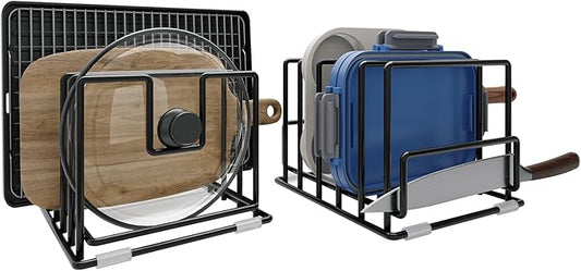 2 Pack Cutting Board Organizer and Pot Lid Holder, Kitchen Cabinet Organizer Rack with 7 & 5 Compartments, Heavy-Duty Iron Baking Sheet Pan Organizer with Non-Slip Base, Space-Saving Kitchen Storage