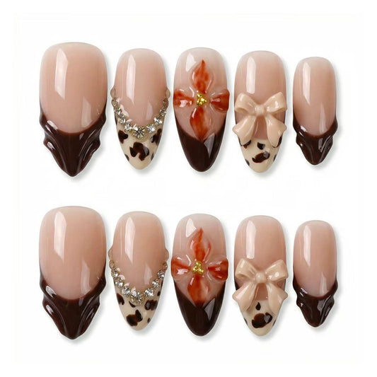 MikaJayboo Handmade Medium Press on Nails Almond Brown French Tip Fake Nails with Leopard Print 3D Bow & Flower for Women Glue 0n Nails for Daily & Party 10Pcs(M)