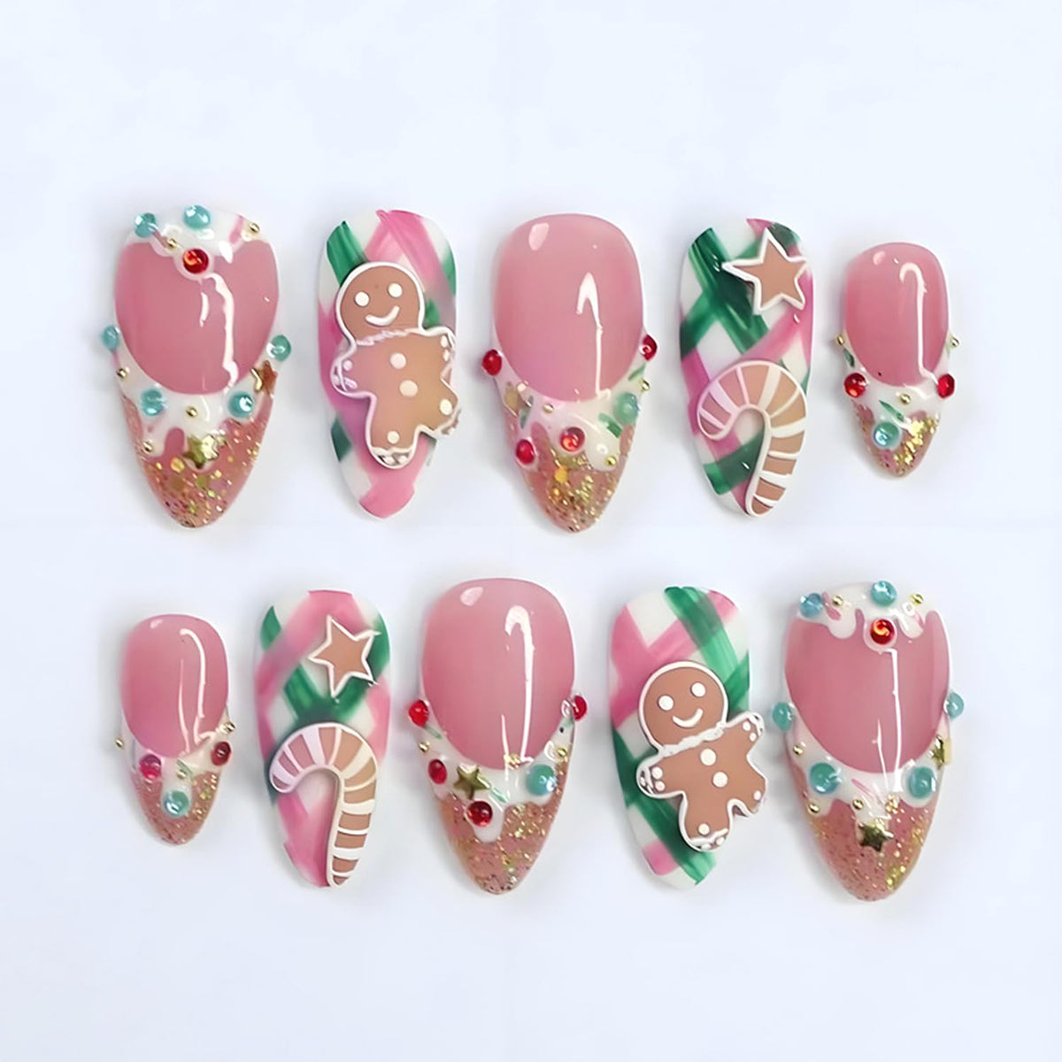 Christmas Press on Nails Medium Almond Fake Nails Cute Gingerbread Man Candy False Nails Gold Glitter French Tip Glue on Nails with 3D Rhinestones Gold Beads Star Charms Designs for Women 30Pcs