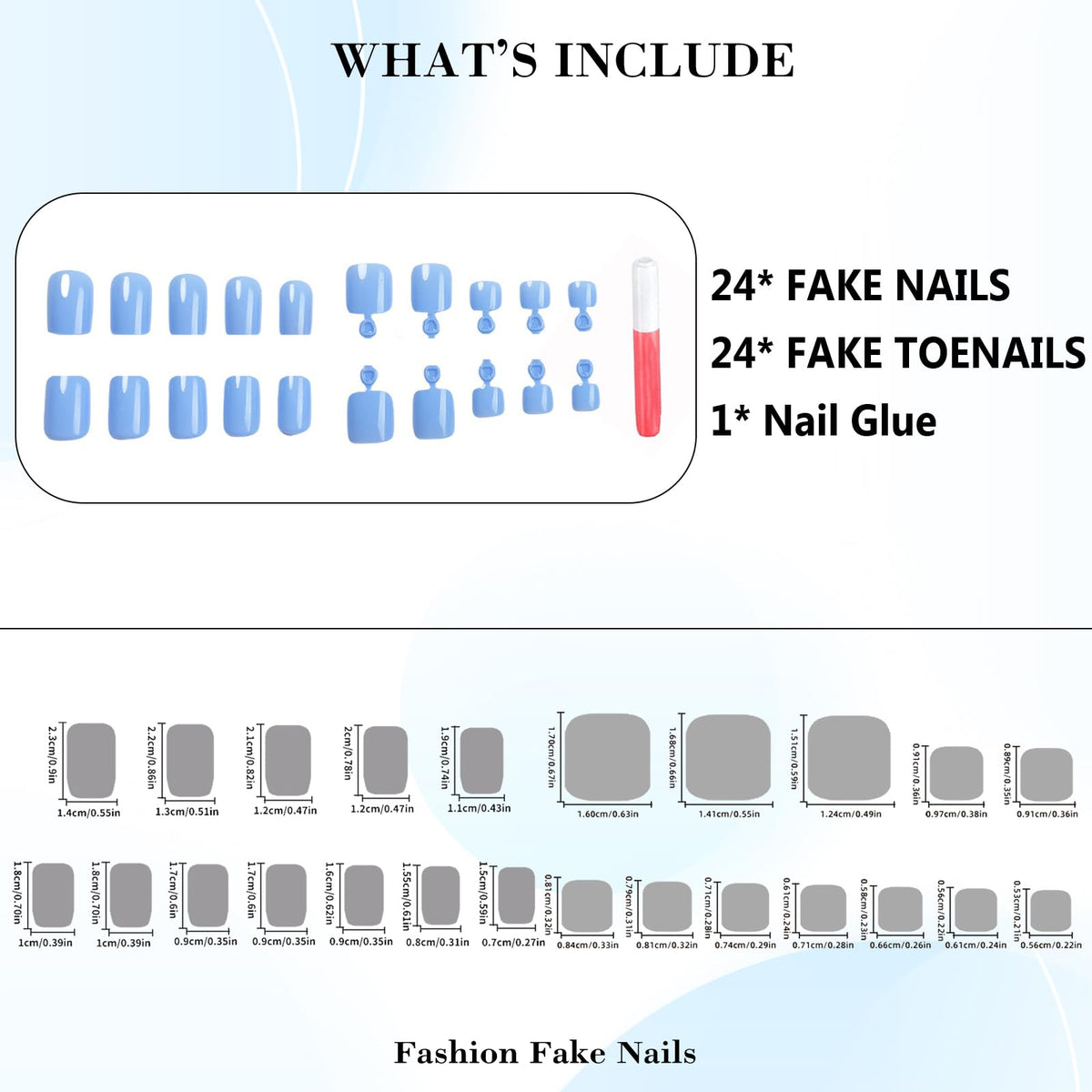 IMRAIN 48Pcs Solid Blue Press on Toenails Short Square Fake Toe Nails Full Cover Artificial Acrylic False Toenails Glossy Summer Glue on Nails for Women Girls