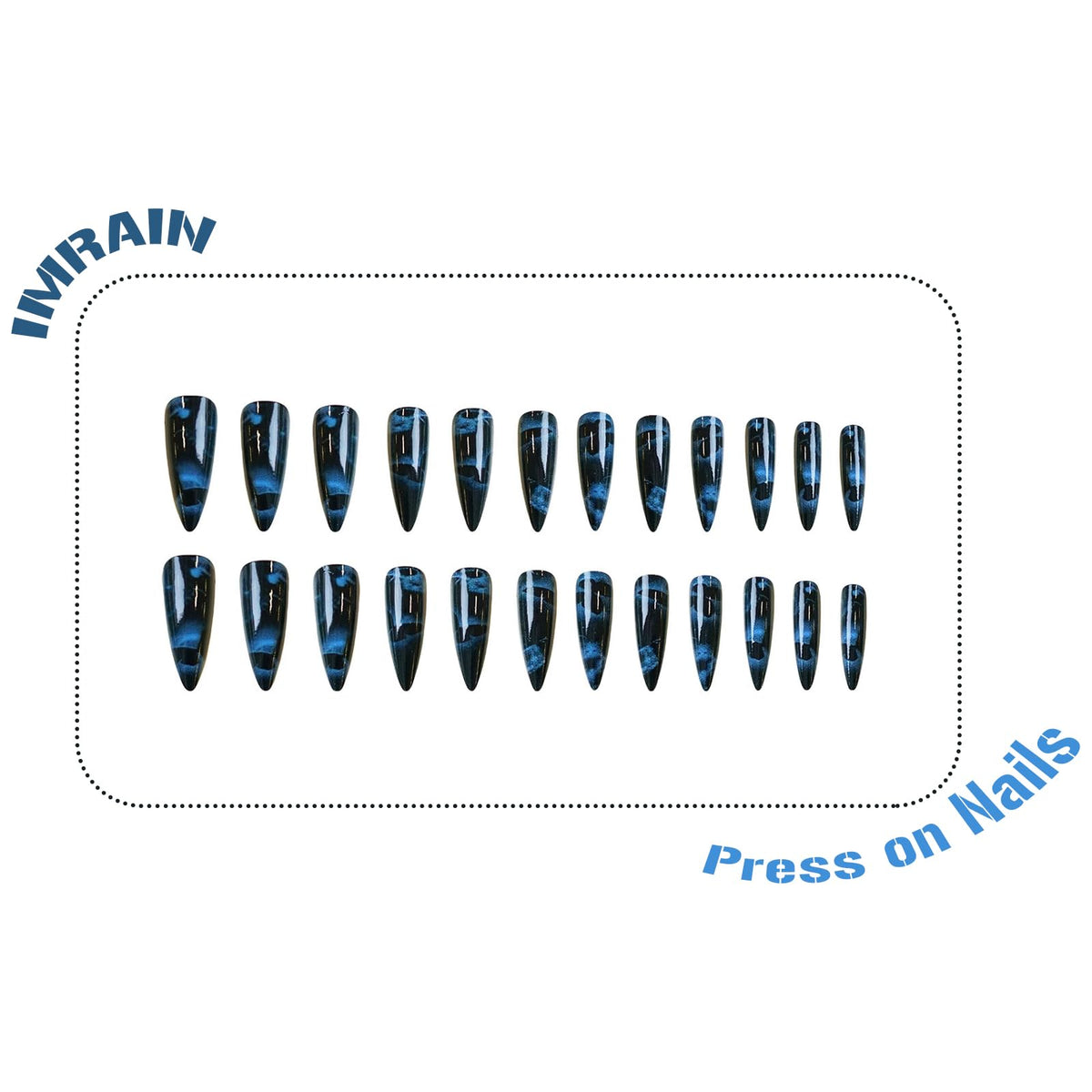 IMRAIN Long Press on Nails Stiletto Fake Nails Black Ombre False Nails with Dark Blue Butterfly Designs Full Cover Acrylic Glossy Nail Supplies Glue on Nails DIY Nail Art 24Pcs