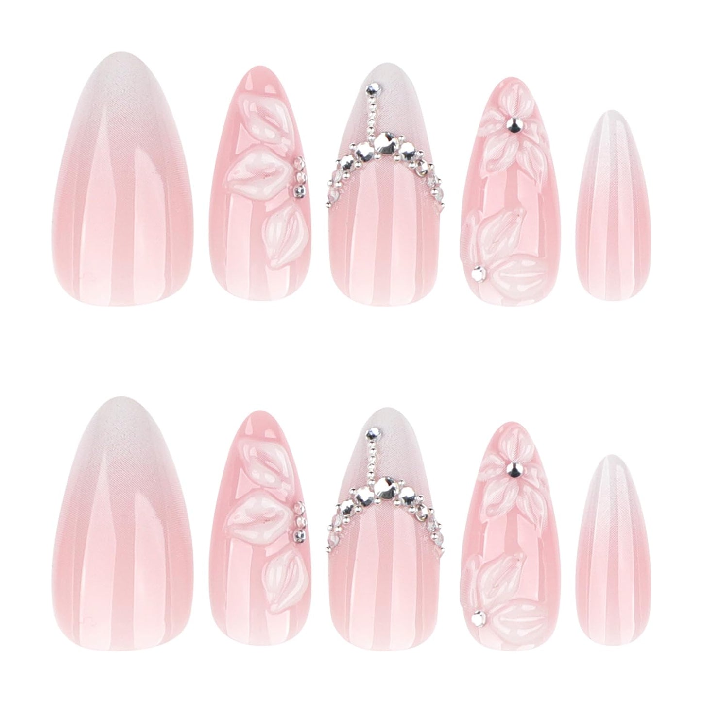 White Embossed Flower Press On Nails Almond Medium Fake Nails With Rhinestone Chain Design French Nail Press Ons Pink Glossy False Nails Spring Acrylic Nails For Women
