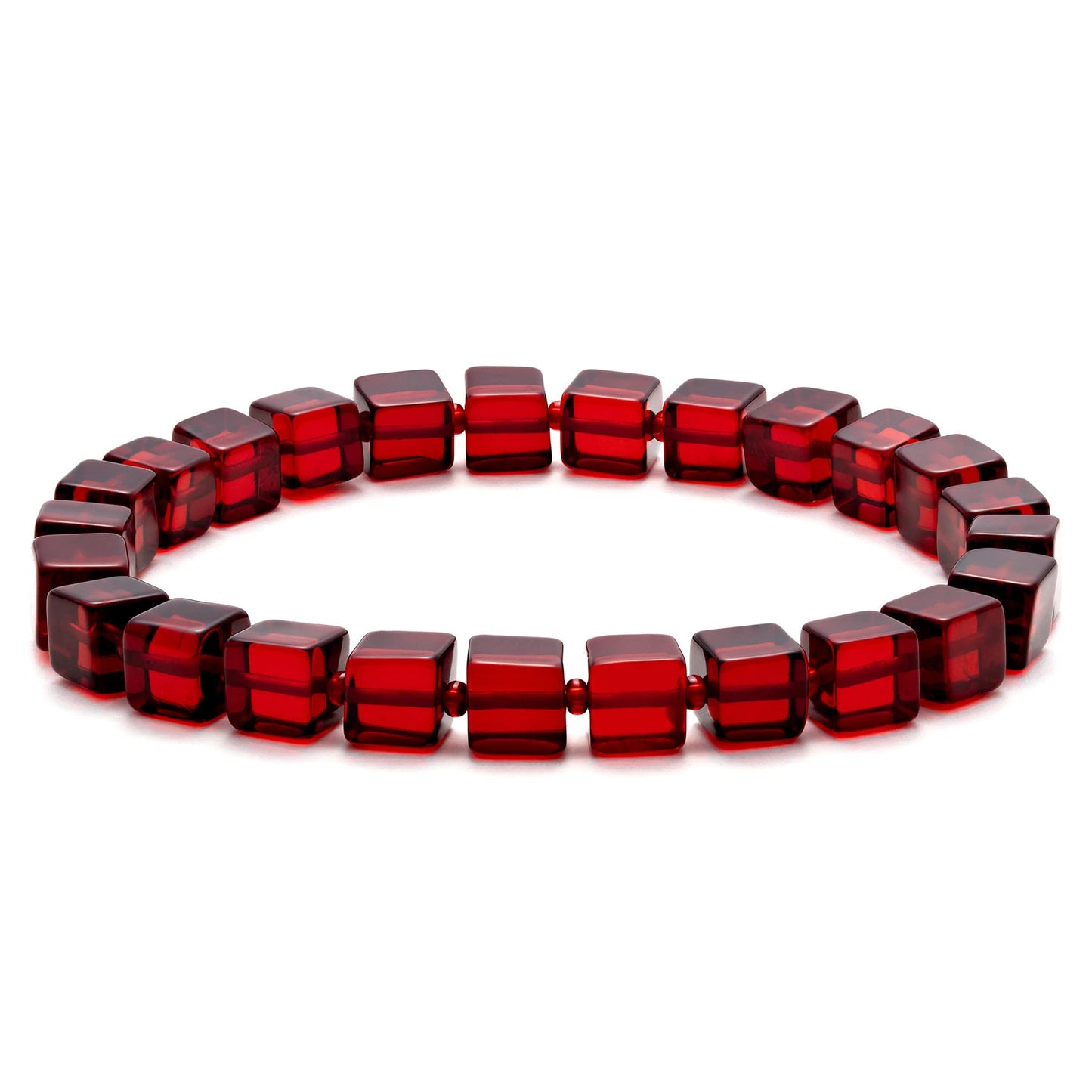 Amber by Mazukna Natural Red Baltic Amber Bracelet for Women and Men – Stretch Wristband with Polished Cube Beads, Lightweight Unisex Jewelry Gift for Daily and Casual Wear (Red)
