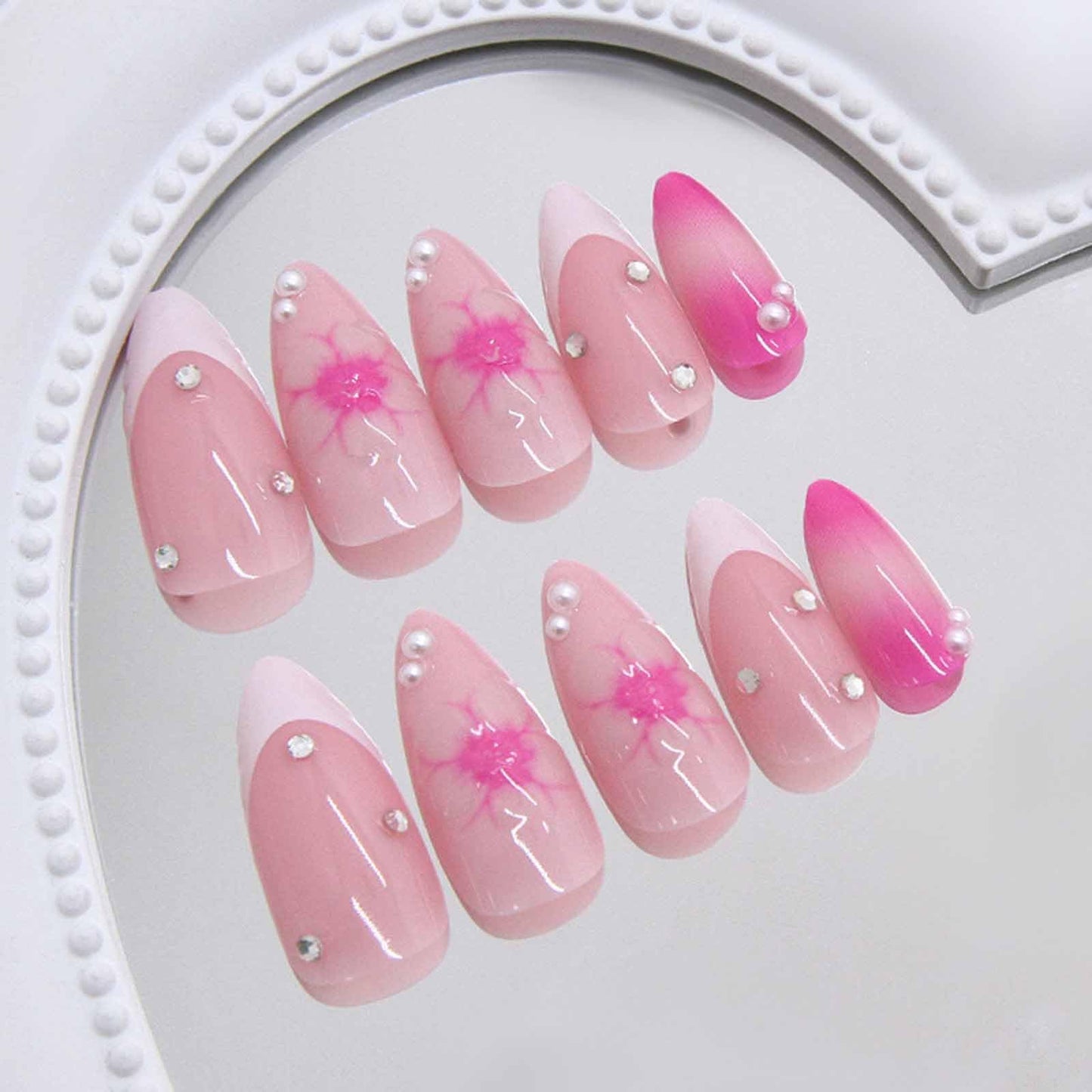 IMRAIN Press on Nails Medium Almond Fake Nails White French Tip False Nails with Hawaii Flower Designs Glossy Acrylic Reusable Summer Pink Stick on Nails for Women Nail Art