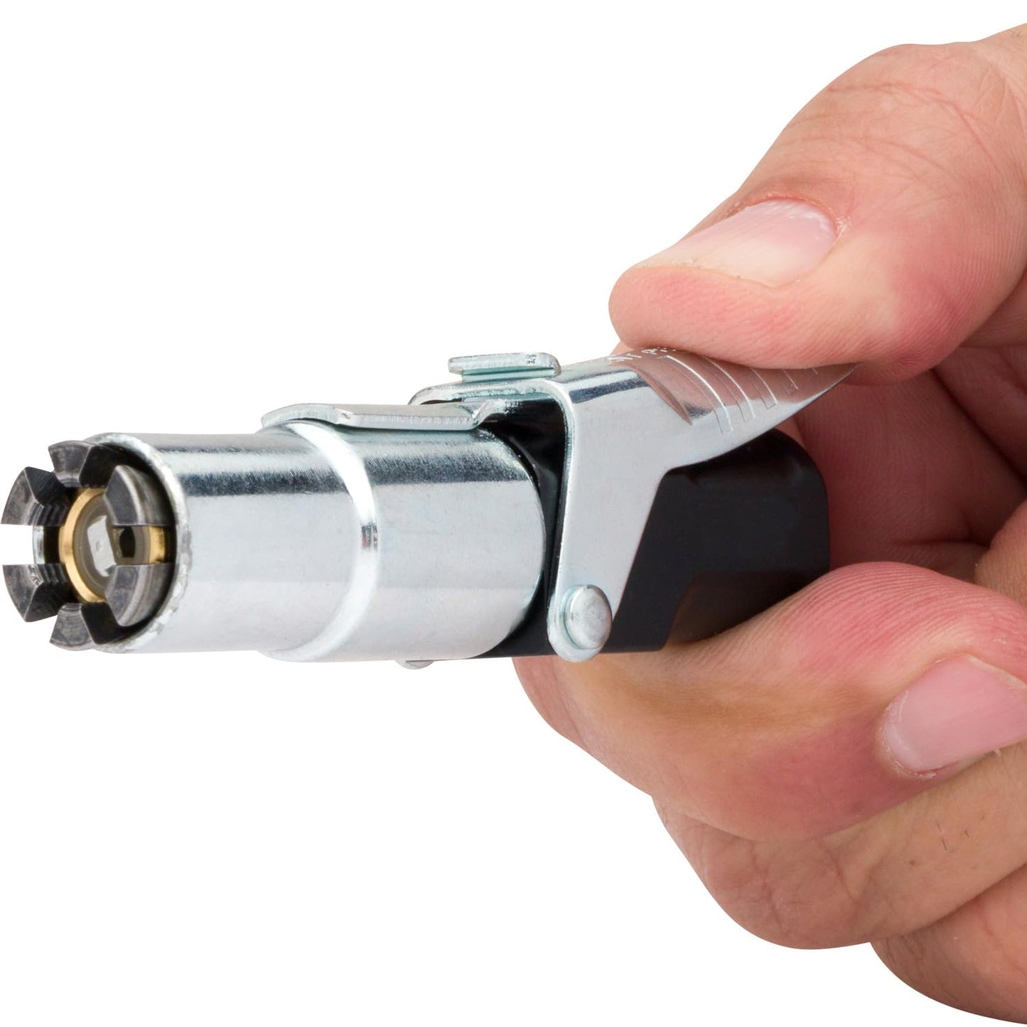 LockNFlate Locking Air Chuck - Six Steel Jaws Lock onto Any tire Valve - Won't Leak or pop Off - Rated to 150 PSI - Open Flow